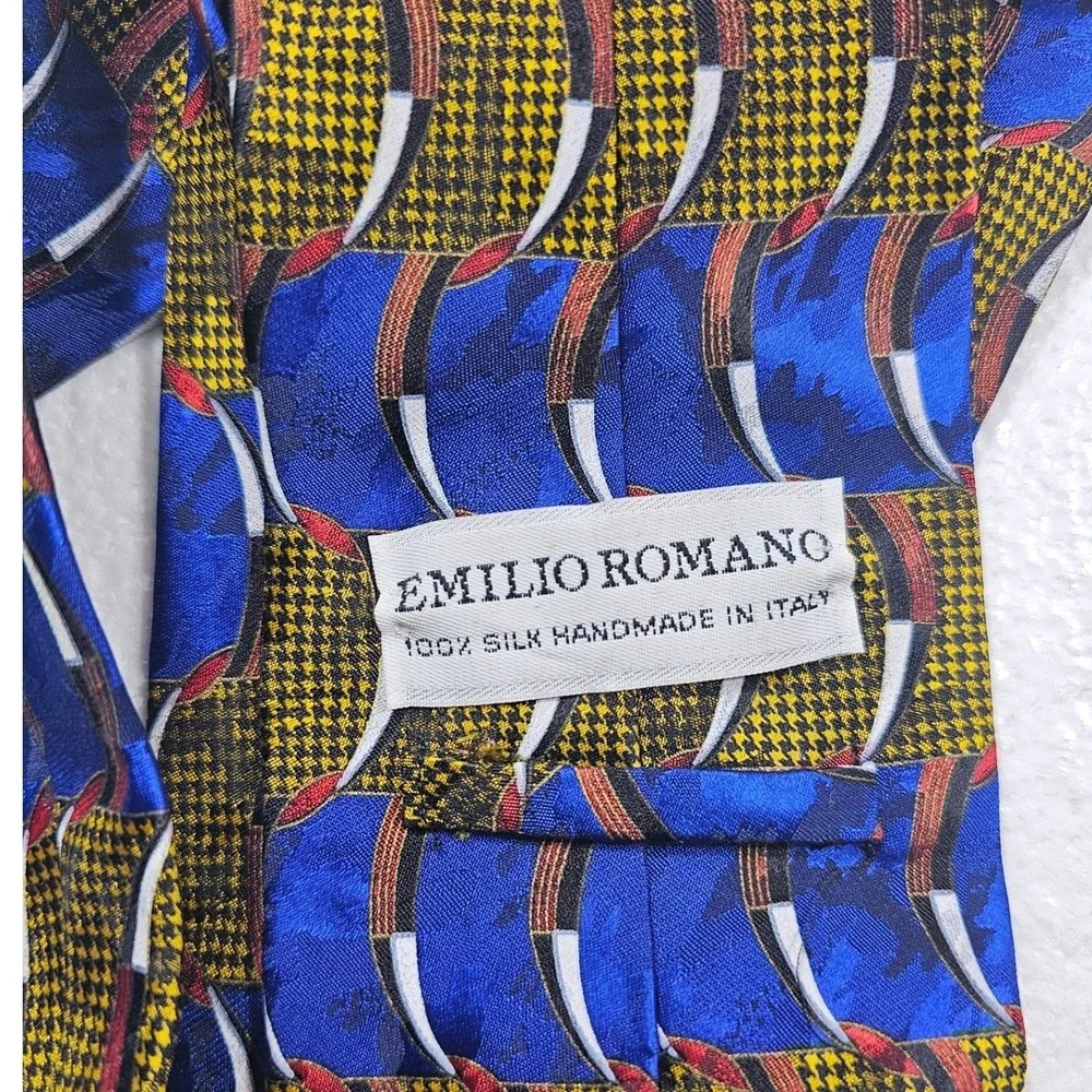 Emilio Romano Silk Tie Blue Yellow‎ Red Geometric Houndstooth Handmade Italy